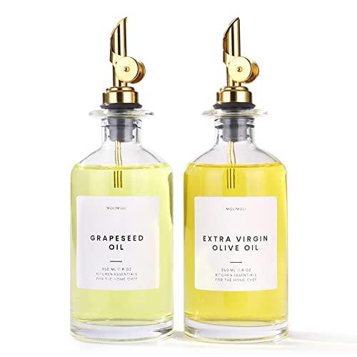 Molimoli Olive Oil Dispenser Bottle for Kitchen, Oil Dispenser w. Weighted Pourer, Glass Bottle Dispenser for Kitchen, Olive Oil Cruet, Glass Olive Oil Bottle | 350ml, Set of 2