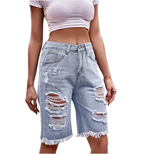 Women's Ripped Denim Destroyed Mid Rise Stretchy Bermuda Shorts Jeans Frayed Raw Hem Distressed Knee Length Shorts