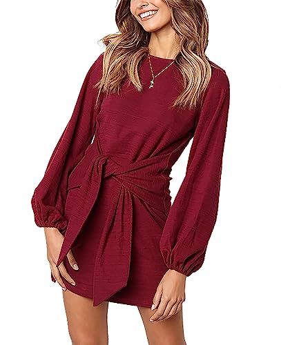 PRETTYGARDEN Women’s Elegant Long Lantern Sleeve Short Dress Crewneck Tie Waist Knit Cocktail Dress Wine Red