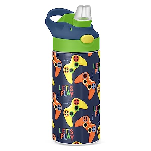 Video Joystick Game Dark Black Kids Water Bottle with Silicone Straw for Girls Boys Abstract Toddlers Insulated Stainless Steel with Straw Lid BPA-Free Duck Mouth Leakproof Tumbler 12 oz