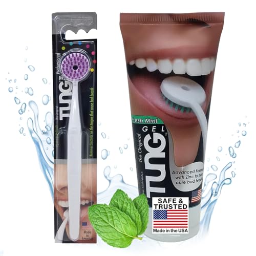 Tung Tongue Brush & Gel Kit | Tongue Cleaner for Adults | Tongue Scraper to Fight Bad Breath and Halitosis | Mouth Odor Eliminator | Fresh Mint | Made in America (Set of 1)