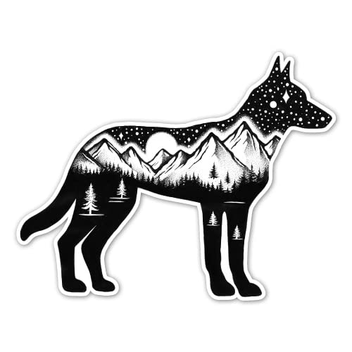 Belgian Malinois Decal Sticker for Car-Truck Windows plus Laptops and Tumblers - Mechelaar Shepherd Dog Vinyl Sign Art Print with a Forest, Trees and Mountains at Night with Moon and Stars, 5in x 3.9in, Small