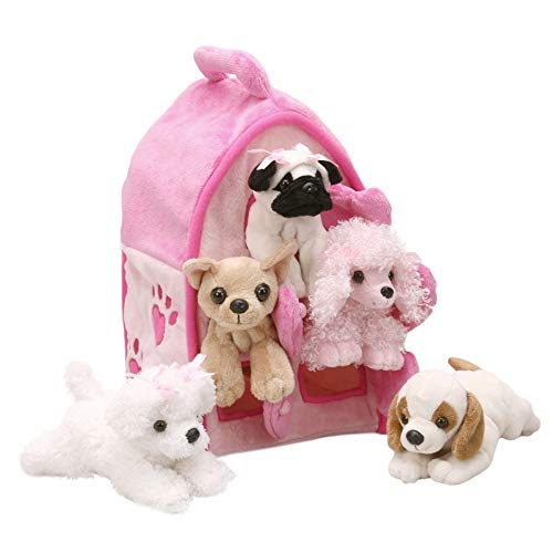 Plush Pink Dog House with Dogs - Five (5) Stuffed Animal Dogs in Pink Play Dog House Case