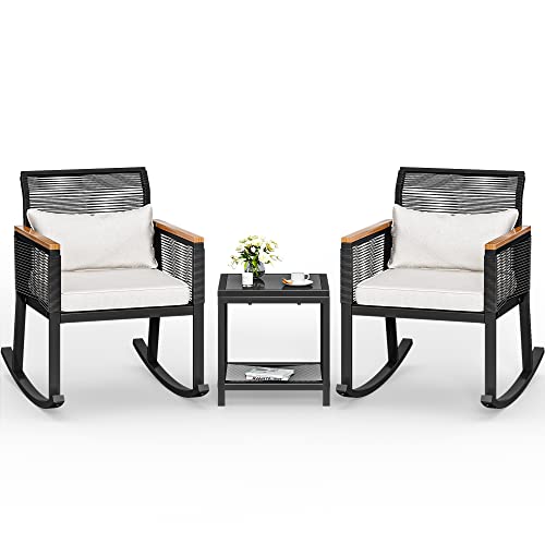 YITAHOME 3-Piece Patio Wicker Rocking Chair Outdoor Conversation Bistro Set with Wood Armrest and Soft Cushions for Balcony, Lawn and Porch Poolside (Black)