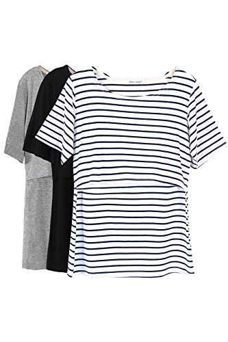 Smallshow 3 Pcs Maternity Nursing T-Shirt Nursing Tops White Stripe-Black-Grey Large