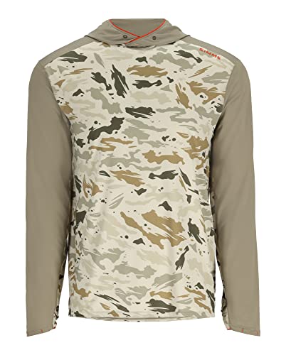 Simms Mens Bugstopper Solarflex 50+ UPF Hoody Shirt with Insect Shield, Long Sleeve Shirt, Ghost Camo Stone/Stone, Medium