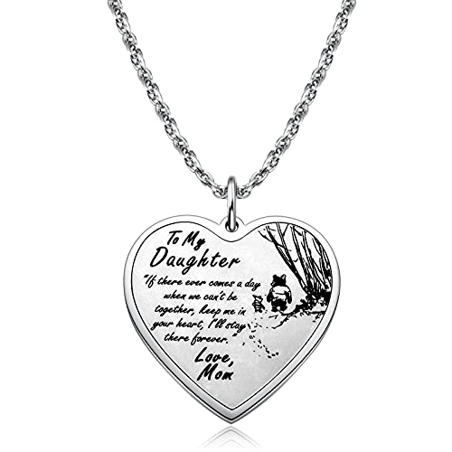 Ralukiia To My Daughter Necklace from Mom, Pooh Bear Piglet Jewelry Gifts for Daughters, Inspirational Heart Pendant Gift for Girls from Mother, Silver