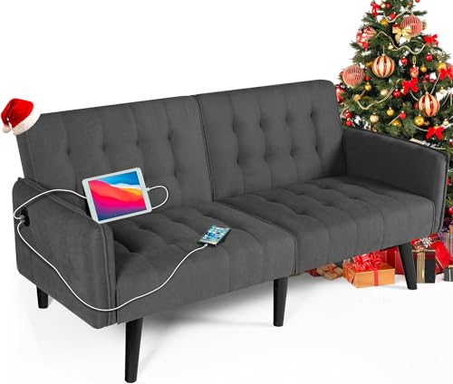 TYBOATLE 65“ Convertible Futon Sofa Bed w/ 2 USB, Upholstered Tufted Small Adjustable Folding Couch Loveseat, Modern Mid Century Sleeper Sofa for Living Room, Bedroom, Apartment, Office (Dark Grey)
