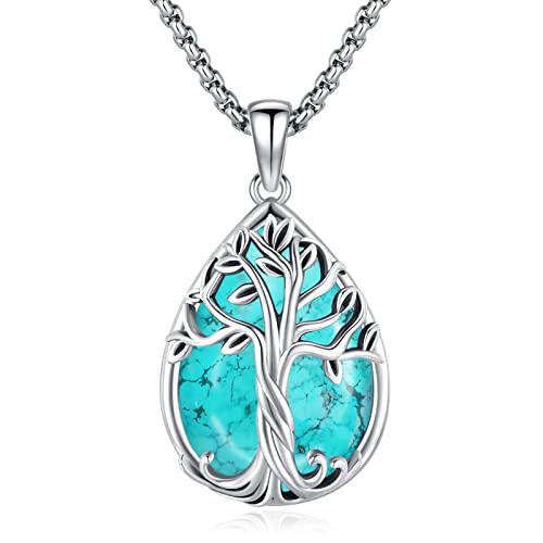 Eusense Turquoise jewelry for women men dainty turquoise stone celtic tree of life necklace 925 sterling silver real genuine turquoise statement pendant necklace western jewelry arbol de la vida