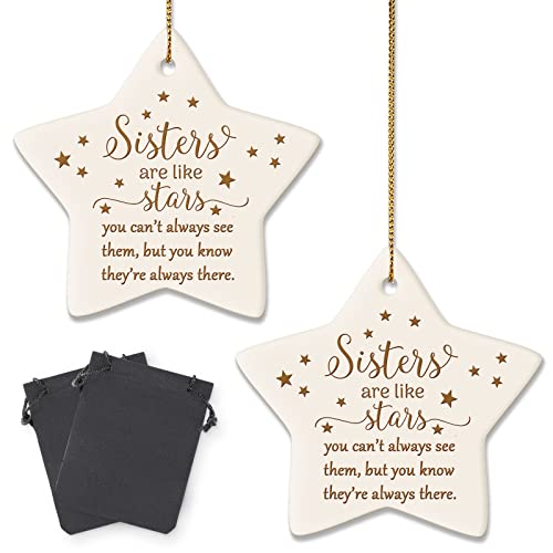 Christmas Star Shaped Ornament 2 Pieces Ornament Ceramic Hanging Sign Sisters are Like Stars Sign, Cousins by Blood Sign, to My Daughter Sign Christmas Tree Ornament for Home Decor (for Sister)