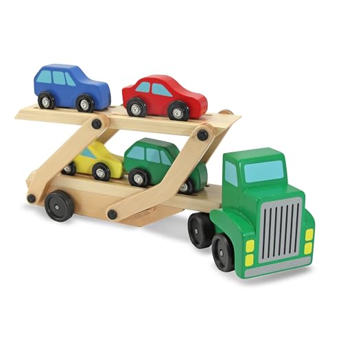 Melissa & Doug Car Carrier Truck and Cars Wooden Toy Set With 1 Truck and 4 Cars - Vehicle Toys, Push And Go Wooden Trucks For Toddlers And Kids Ages 3+