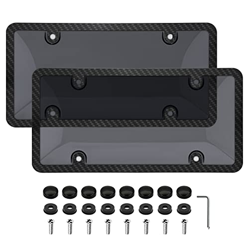 EWBN Carbon Fiber Pattern License Plate Frame & Cover, Black Smoked Tinted Plastic Car License Plate Holder.