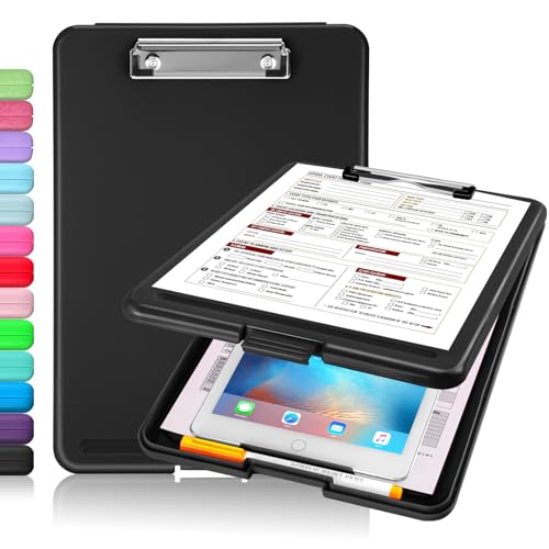 Sooez Clipboard with Storage, Plastic Storage Clipboard with Low Profile Clip, Heavy Duty Nursing Clipboards Foldable, Coaches Clipboard Case for Work Kids, Teacher Must Haves, Office School Supplies