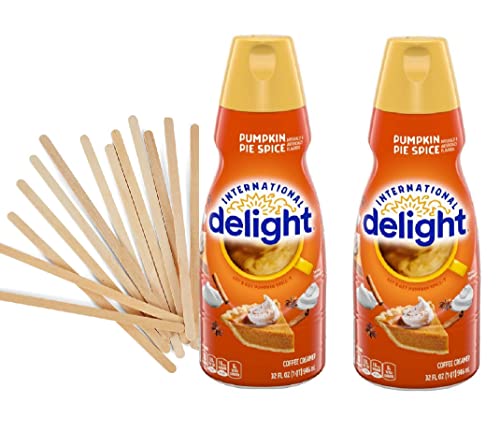 Coffee Creamer Bundle. Includes Two (2) 32 fl oz bottles of International Delight Pumpkin Pie Spice Liquid Coffee Creamer and a 10 pack of Wooden Coffee Stirrers!