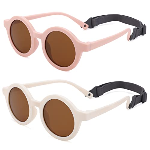 COASION Baby Polarized Round Sunglasses Flexible Rubber Shades with Strap for Toddler Newborn Infant Ages 0-24 Months (Pink/Brown + White/Brown)