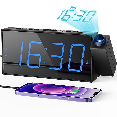 Projection Digital Alarm Clock on Ceiling Wall, LED Alarm Clock for Bedrooms with USB Charger Port, 350° Projector,Dimmer,12/24H & DST,Battery Backup, 7.5’’ Dual Loud Alarm Clock for Heavy Sleeper