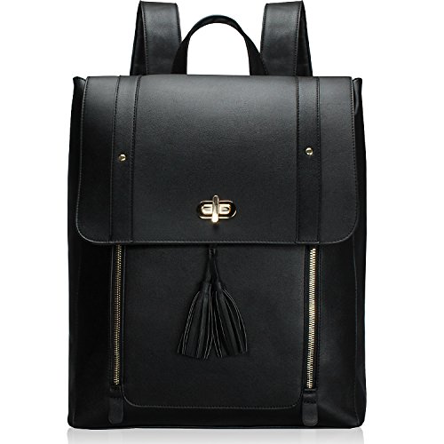 ESTARER Upgraded Version Women PU Leather Backpack 15.6 Inch Laptop Backpack Vintage College Rucksack Bag (Black)