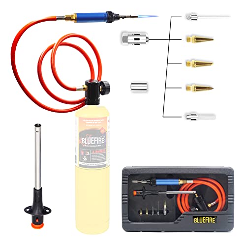BLUEFIRE 3' Hose MAPP Gas Soldering Mini Pen Torch Full Kit Multi-Function with Free Flint Lighter Hotter than Butane Pen Portable Welding Station Adjustable Flame Fuel by MAP Pro Propane Cylinder