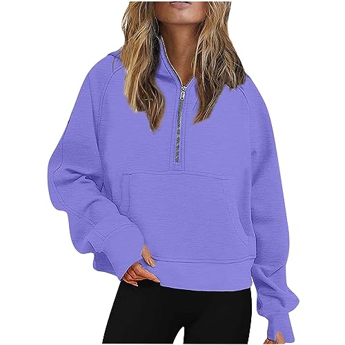 KSODFNXH Zip Up Hoodies Women Casual Trendy Half Zip Long Sleeve Tops with Pockets Comfy Solid Color Lapel Sweatshirts