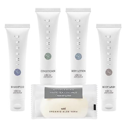 Infuse Pure White Tea and Coconut Hotel Soaps and Toiletries Bulk Set | 1-Shoppe All-In-Kit for Hotels | 1oz Shampoo & Conditioner, Body Wash, Lotion & 1.25oz Bar Soap | Travel Size 300 Pieces