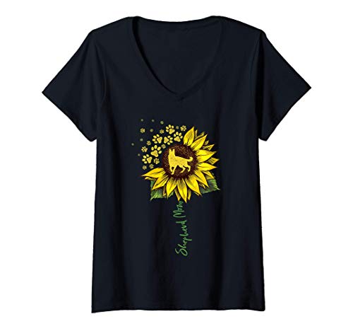 Womens German Shepherd Mom Sunflower Shepherd Gifts Dog Mom Mama V-Neck T-Shirt