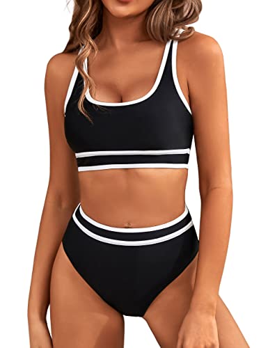 BMJL Women's High Waisted Bikini Sets Sporty Two Piece Swimsuits Color Block Cheeky High Cut Bathing Suits(S,Black)