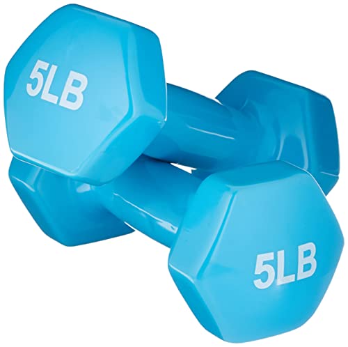 Amazon Basics Vinyl Hexagon Workout Dumbbell Hand Weight, 5 pounds, Set of 2, Light Blue