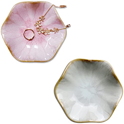 GO2HEJING Jewelry Dish, Leaf Shape Ring Trays, Ceramic Trinket tray, Key Bowl for Entryway Table, Home Decoration, Gifts for Friends Sisters Daughter Mother (White+Pink)