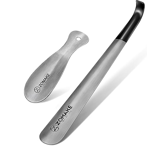ZOMAKE Metal Shoe Horn 2Pcs - 16.5 inch Shoehorn Long Handled with Handle for Seniors Men Women - 7.5 inch Stainless Steel Small Shoe horns with Hook (Silver 16.5&7.5 inch)
