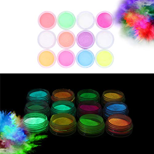 Glow in the Dark Powder –(Pack of 12) Luminous Pigment Powder Fluorescent UV Neon Color Changing luminescent Phosphorescent Thermochromic Dye Dust Glo for Slime Nails Resin Acrylic Paint Ink Non-Toxic