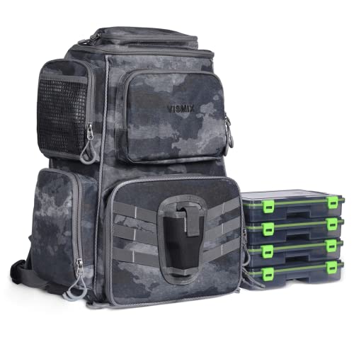 VISMIX Fishing Tackle Backpack with 4 Tackle Boxes Large Waterproof Tackle Bag Storage,Waterproof Protective Rain Cover,Backpack for Trout Fishing Outdoor Sports Camping Hiking