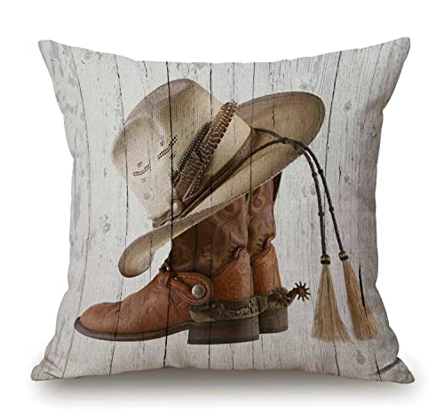 Solekla Western Cowboy Boots Throw Pillow Cover American Country Farm House Rustic Grey Wooden Decorative Pillow Case Cotton Linen Cushion Cover Decor 18x18 Inch Pillowcase for Home