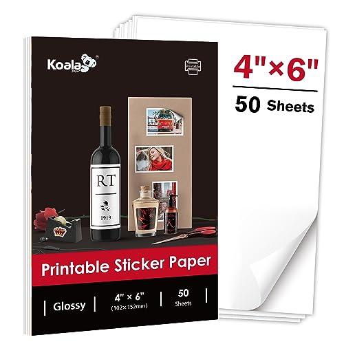 Koala Glossy Sticker Paper for Inkjet Printer, 4x6 Inch 50 Sheets White Printable Sticker Paper, Self-Adhesive Photo Sticker Printer Paper