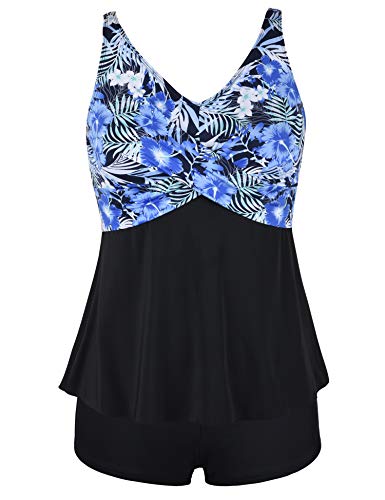 Septangle Women's Two Piece Swimsuit V Neck Flounce Printed Tank Top with Boyshorts Bottom Tankini Set,Blue,US 18W