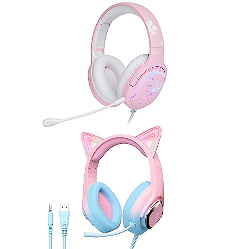 Mytrix Sakura Pink Gaming Headset and Cat Ear Gaming Headphone Compatible with PS4, PS5, Xbox, PC, MAC, Switch