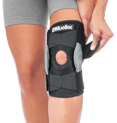 MUELLER Sports Medicine Hinged Wrap Around Knee Brace for Adults, Men and Women Knee Support for Pain, Injury, or Arthritis,Black/Gray,13-21 Inches, One Size Fits Most