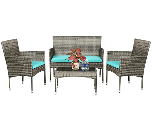 FDW Patio Conversation Set 4 Pieces Outdoor Furniture Set Wicker with Rattan Chair Loveseats Coffee Table for Outdoor Indoor Garden Backyard Porch Poolside Balcony,Gray Wicker/Blue Cushions