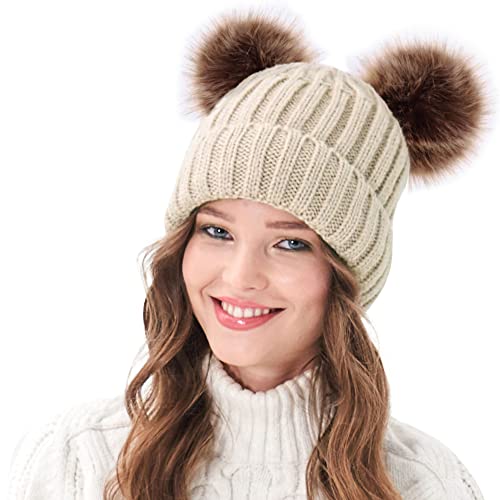 Arctic Paw Beanie for Women Womens Winter Hats Cable Knit Pom Pom Beanie with Faux Fur Ears Beige