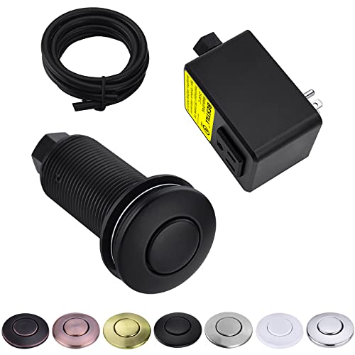 BESTILL Garbage Disposal Sink Top Air Switch Kit with Single Outlet, Matte Black (Long Push Button with Brass Cover), UL Listed