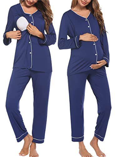 Ekouaer Maternity Pajama Set Button Down Nursing Sleepwear Long Sleeve Breastfeeding Loungewear with Adjustable Pants Navy Blue