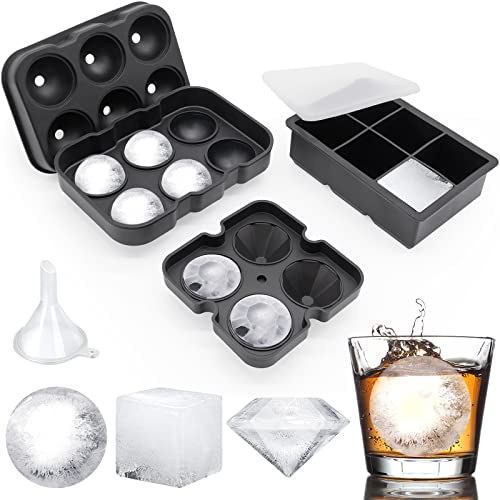 Ice Cube Trays, Silicone Ice Cube Molds for Freezer with Lid (Set of 3), 6 Ball Ice Cube Tray, 4 Diamond & 21-Ice Trays, Reusable Whiskey Ice Mold, DIY, BPA Free, Freezer…