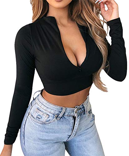 Artfish Women's Long Sleeve Quarter Zip Crop Tops Fleece Lined V Neck Fitted Sexy Cropped Shirts (01#Black, S)