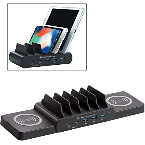 Techsmarter 7-Port Charging Station with 100W Dual USB-C PD, Dual 15W Wireless Charger, Three 18W Fast Charging USB Ports. Compatible with MacBook, iPad, iPhone, Samsung, Dell, HP, ThinkPad, Yoga