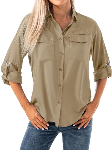 Women's Quick Dry Sun UV Protection Convertible Long Sleeve Shirts for Hiking Camping Fishing Sailing (5026 Khaki XL)
