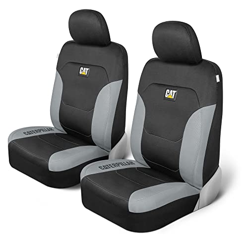 Caterpillar Flexfit Automotive Seat Covers for Cars Trucks and SUVs (Set of 2) – Black Seat Covers for Front Seats, Seat Protectors with Gray Honeycomb Trim, Auto Interior Covers