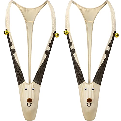 Zhanmai 2 Pieces White Elephant Gift Panties for Men Swimwear Panties with Bells Mankini Costume Suspender Swimsuit Underwear for Holiday