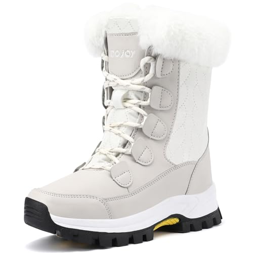 COOJOY Womens Winter Snow Boots Waterproof Shoes Tennis Walking Comfortable Hiking Booties Furry Mid Calf Warm Lightweight Beige,US8 EU40