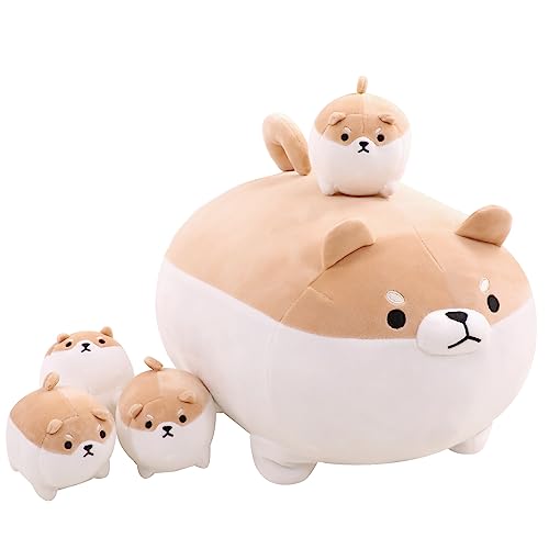 TOYSYM Shiba Inu Plush Kawaii Corgi Stuffed Animals with 4 Baby Corgi Plushies in Her Tummy, Soft Cotton Dog Plush Animal Pillow Gifts for Kids Boys and Girls
