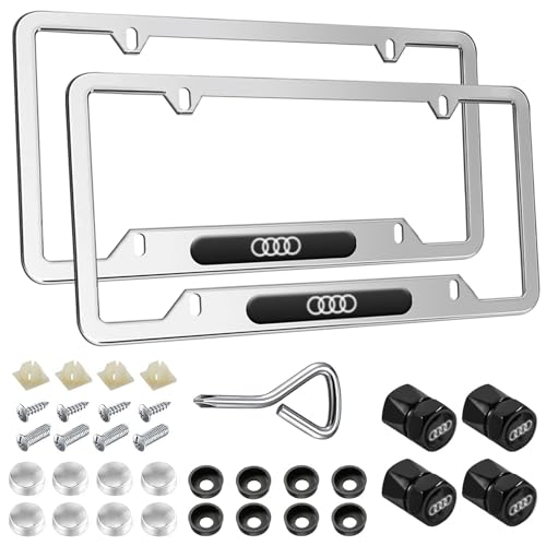 FOTN License Plate Frames Compatible for Audi, 2PCS Silver Car License Plate Holder, Premium Stainless Steels Weather Proof License Plate Covers with Screw Caps Cover Set Car Accessories