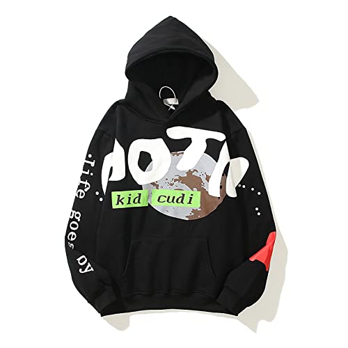 PLOZMCTA Kanye Hoodie Man On The Moon Hip-Hop Street Print Pattern Men Women Sweatshirt Black Medium